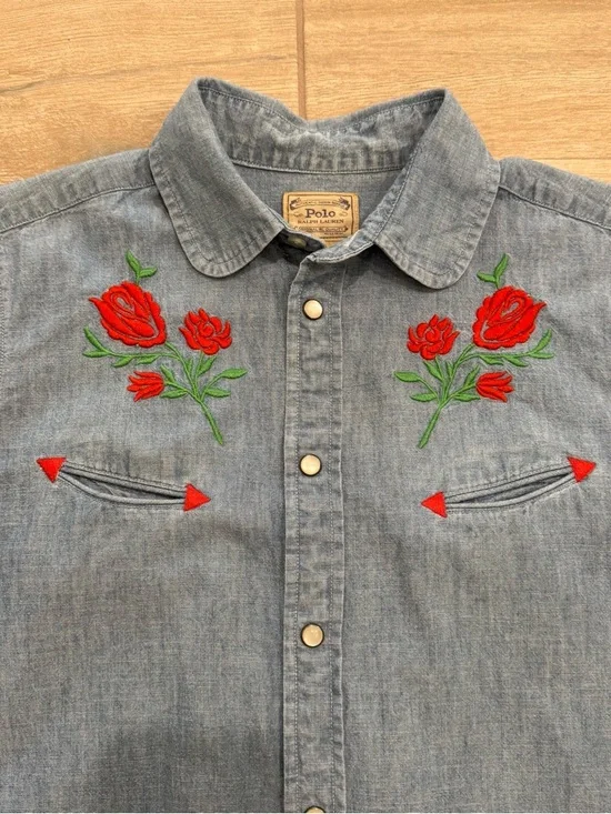 Polo Ralph Lauren - Mila Chambray Denim Button Down Western Roses Size Medium - Picture 3 of 14